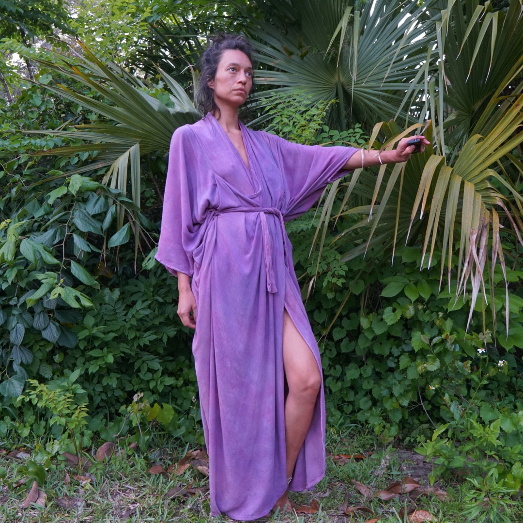 electric lilac, lilac color, lilac aesthetic, botanical dye, goddess gear clothing, purple dress boho, boho kimono robe, violet colour, violet aesthetic, natural dyed fabric, botanical dress, botanically dyed 