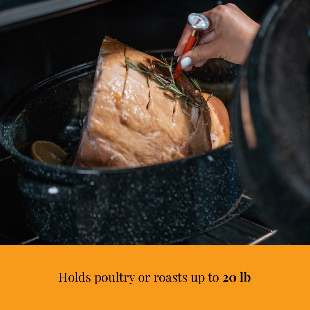 Granite Ware 19 inch oval roaster with Lid, V Rack included (Speckled Black) - design to accommodate up to 20 lb poultry/roast. Resists up to 935°F
