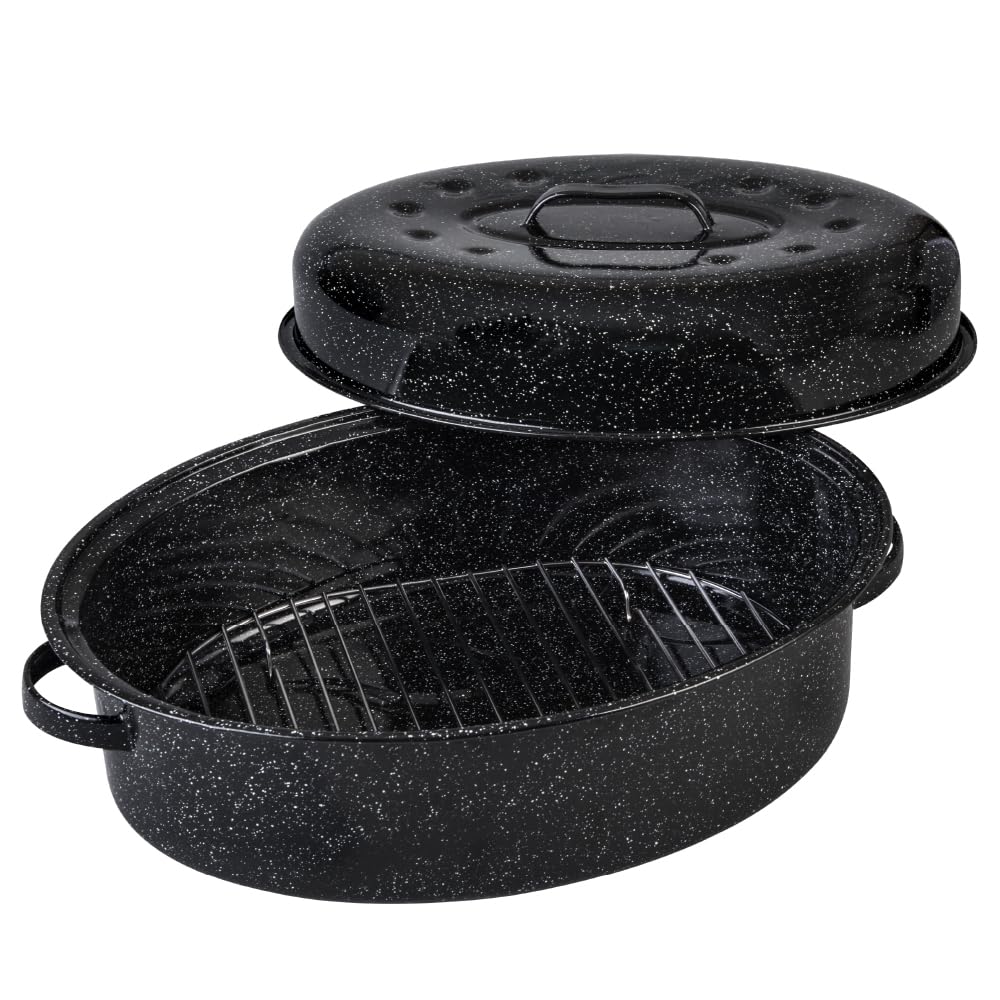 Granite Ware 19 inch oval roaster with Lid, V Rack included (Speckled Black) - design to accommodate up to 20 lb poultry/roast. Resists up to 935°F