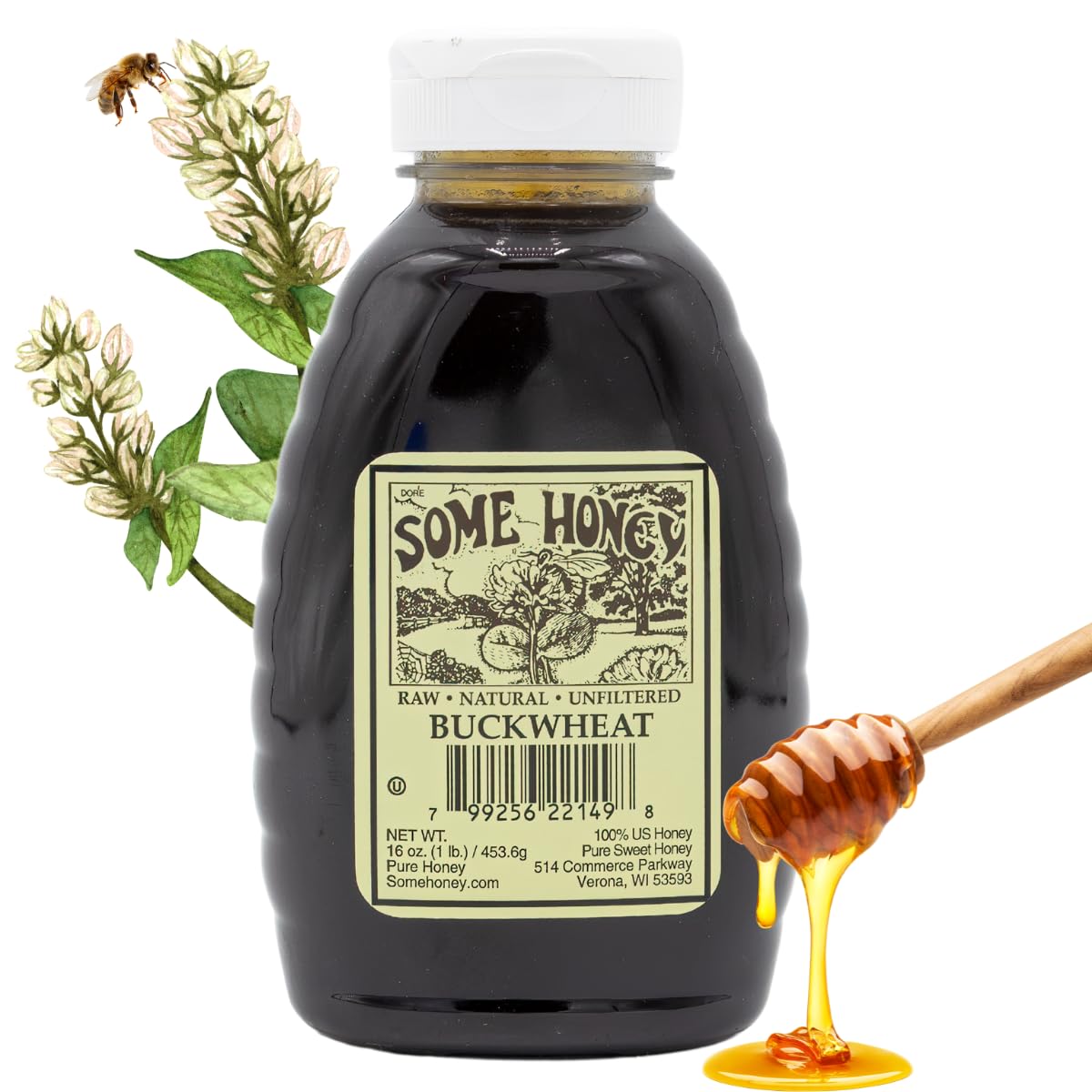 Some Honey Raw & Unfiltered Buckwheat Honey – 100% Pure U.S. Honey – USDA Grade A – All-Natural – 16 oz