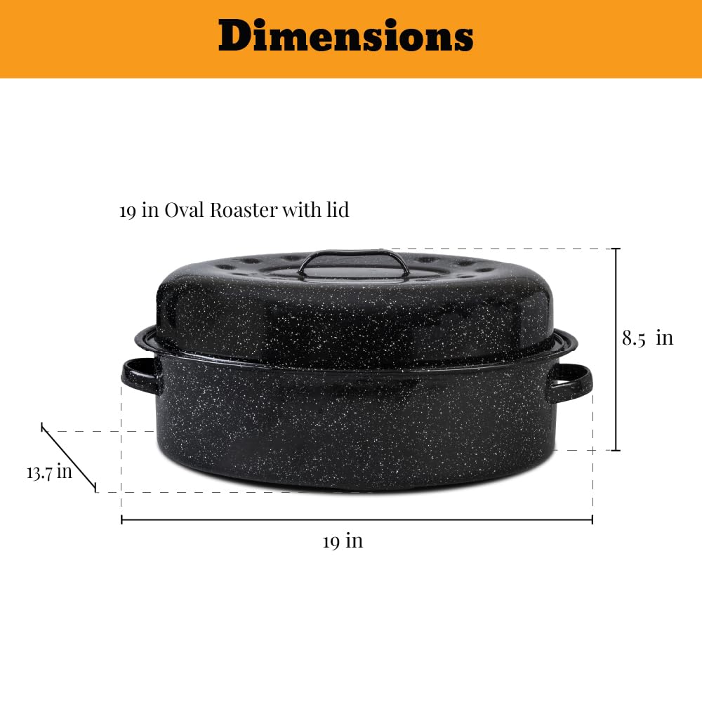 Granite Ware 19 inch oval roaster with Lid, V Rack included (Speckled Black) - design to accommodate up to 20 lb poultry/roast. Resists up to 935°F