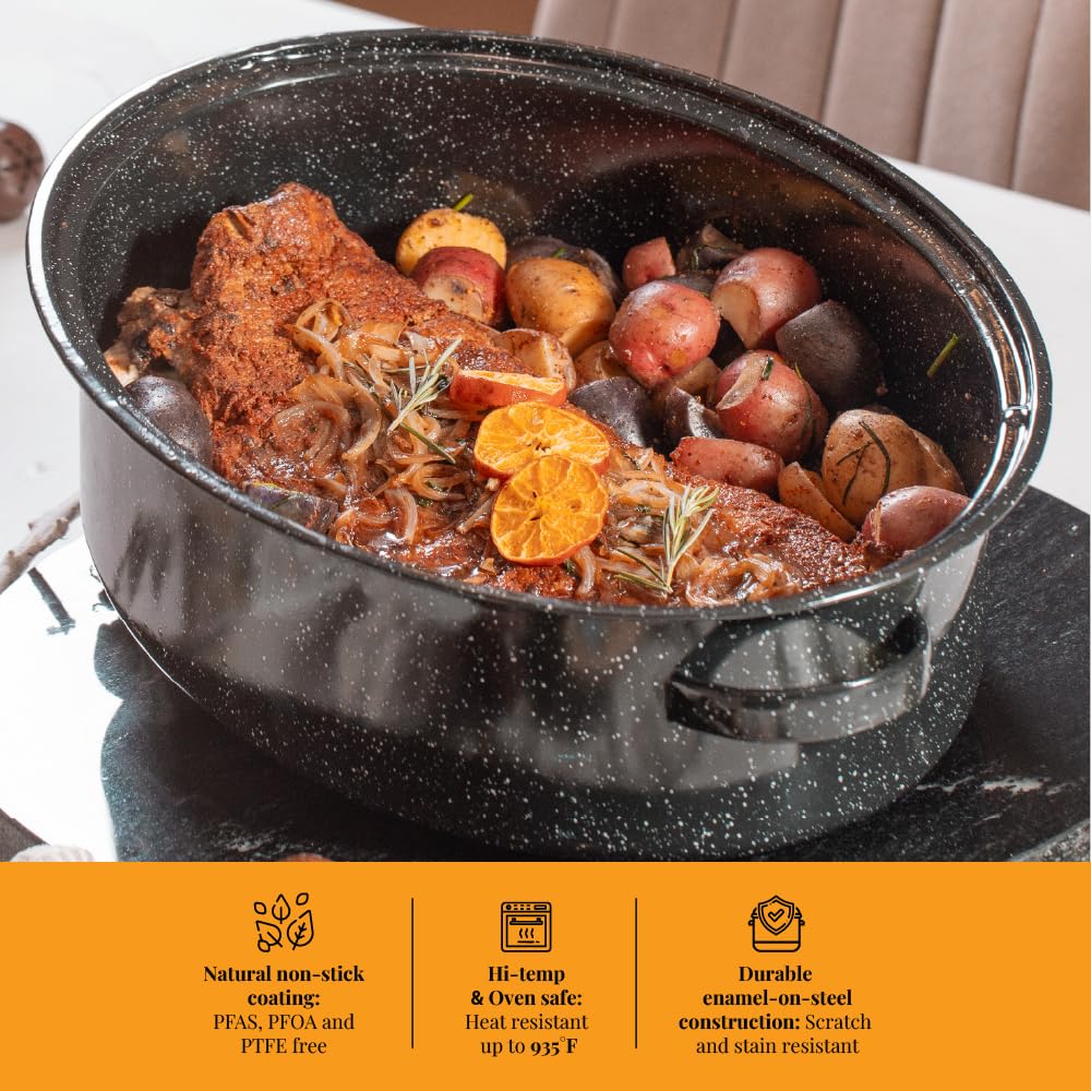 Granite Ware 19 inch oval roaster with Lid, V Rack included (Speckled Black) - design to accommodate up to 20 lb poultry/roast. Resists up to 935°F