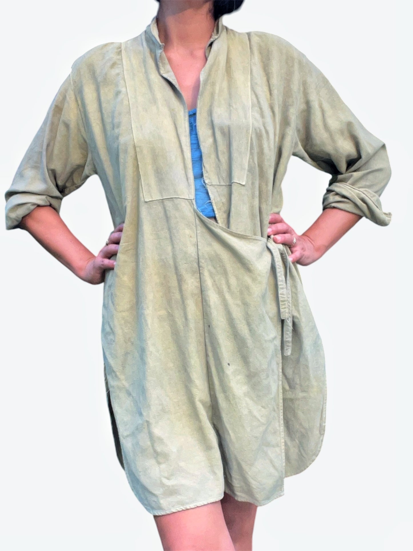 Mandarin Collar Tie-Front Wrap Tunic