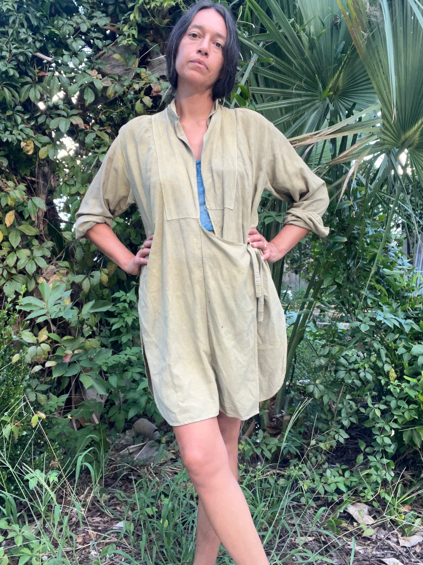 Mandarin Collar Tie-Front Wrap Tunic