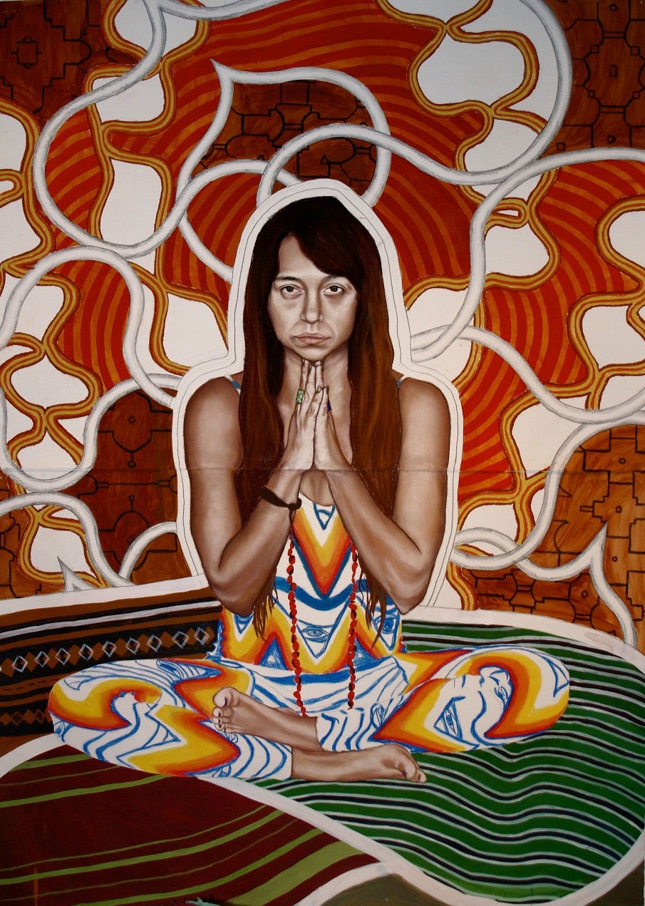 Colorful psychedelic meditation self portrait with Shipibo kene line background. by Artist Maria Calderon