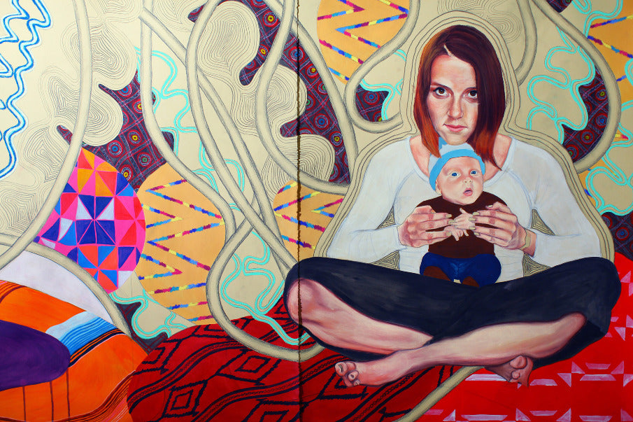 A colorful painted scene showing a seated Ari Fish, holding a baby, with abstract and geometric decorative forms surrounding them in warm reds, oranges, yellows, cream, and blue accents. by Artist Maria Calderon