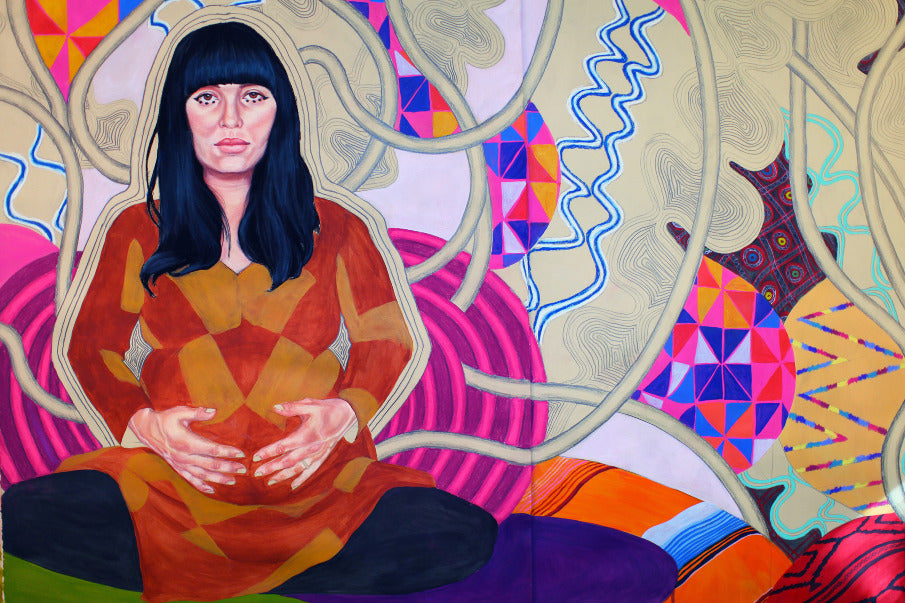 A colorful painted portrait of a seated pregnant Kianna Alarid, with dark hair, surrounded by abstract geometric and organic patterns in pink, blue, yellow, orange, and cream tones. by Artist Maria Calderon